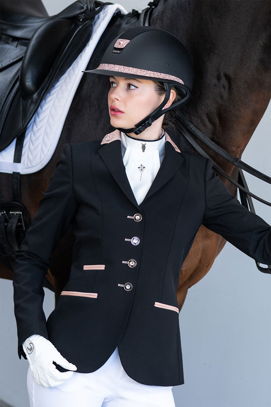 Front of Black JuulC Women's Show Coat with Pink and Rose Gold, worn by model