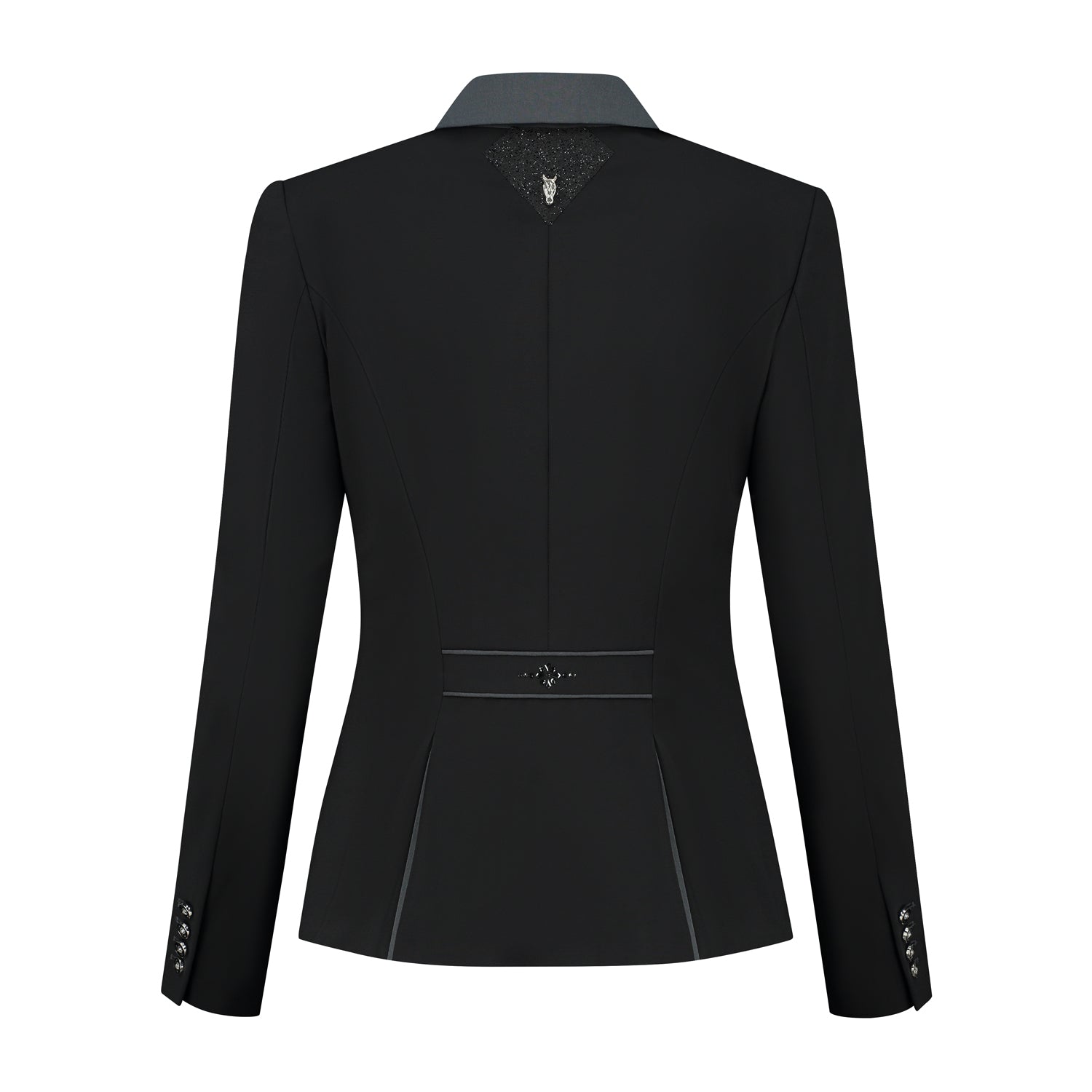 Back of black JuulC Ladies' show coat with Swarovski fabric diamond-patch and anthracite grey Swarovski design on the back strap