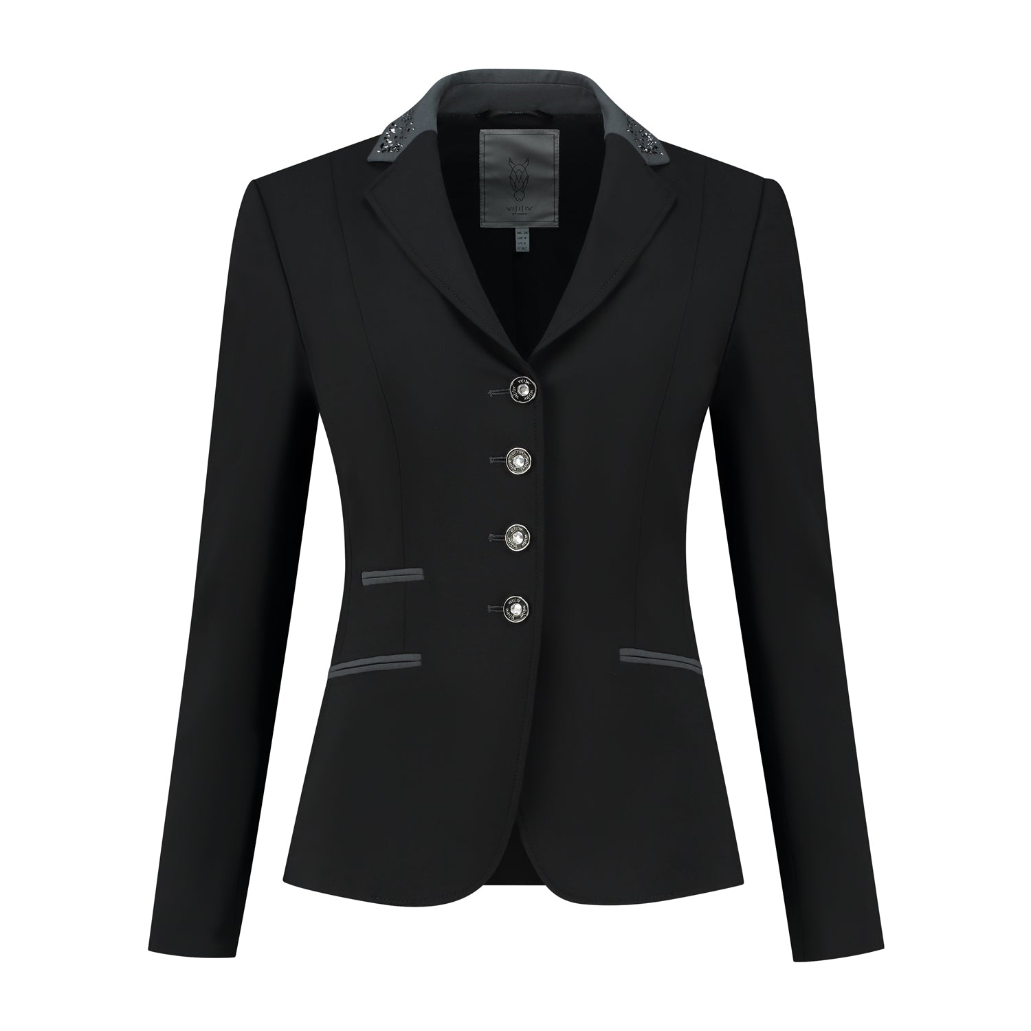 Front of black JuulC Women's Competition Jacket with anthracite grey accents and Swarovski crystals