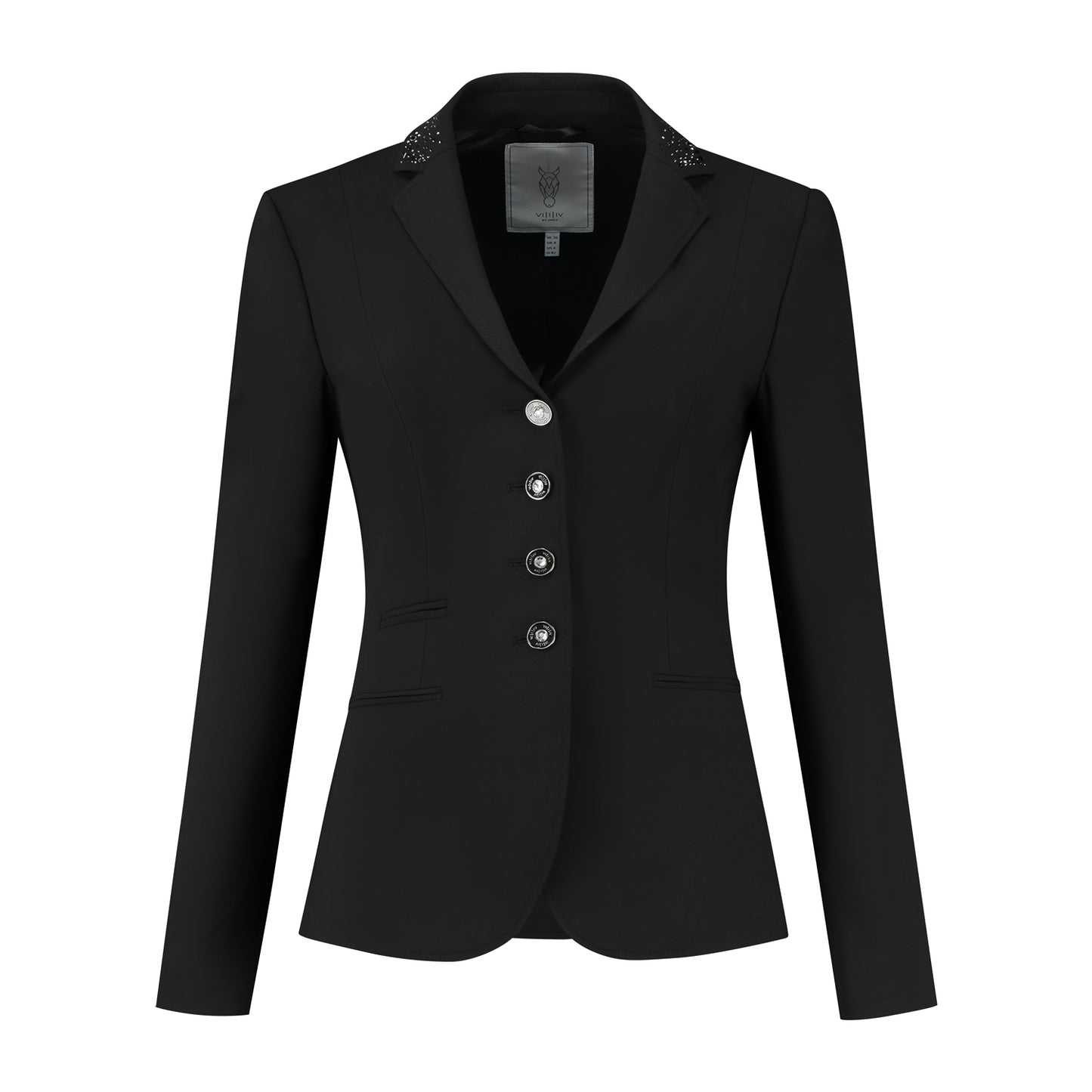 Front of black JuulC Women's Show Jacket with tone-on-tone accents and Swarovski crystals