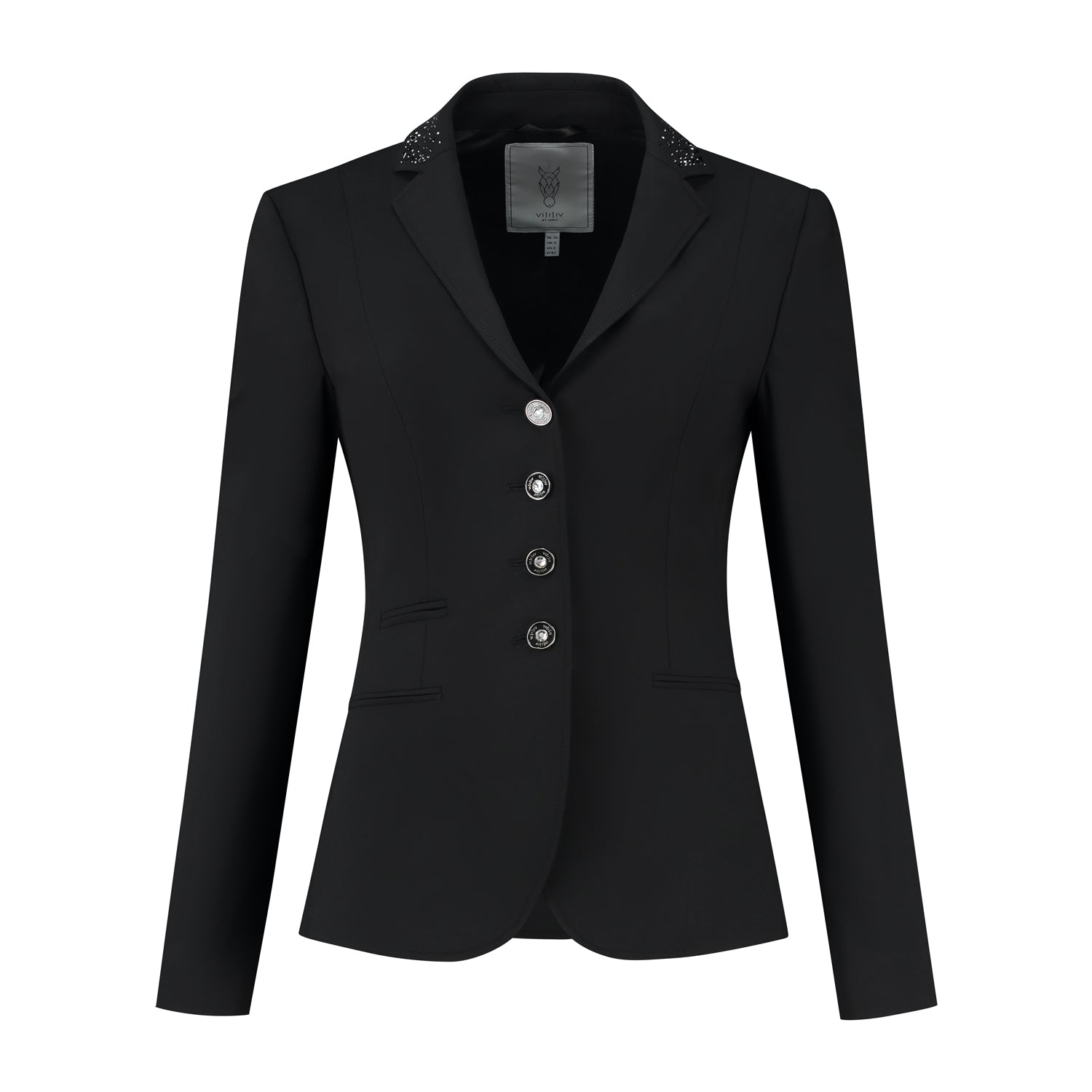 Front of black JuulC Women's Show Jacket with tone-on-tone accents and Swarovski crystals
