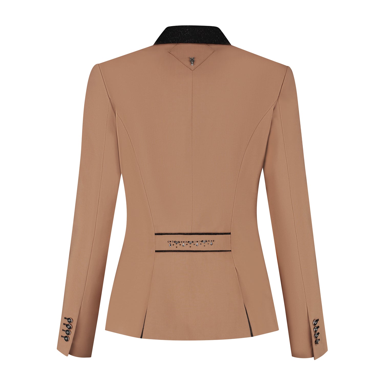 Back of beige JuulC Ladies' show coat with black glitter fabric accents and Swarovski design on the back strap