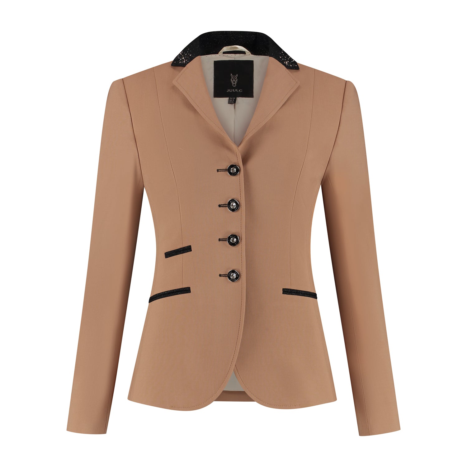 Front of beige JuulC Women's Show Coat with black glitter fabric accents and rosegold Swarovski crystals