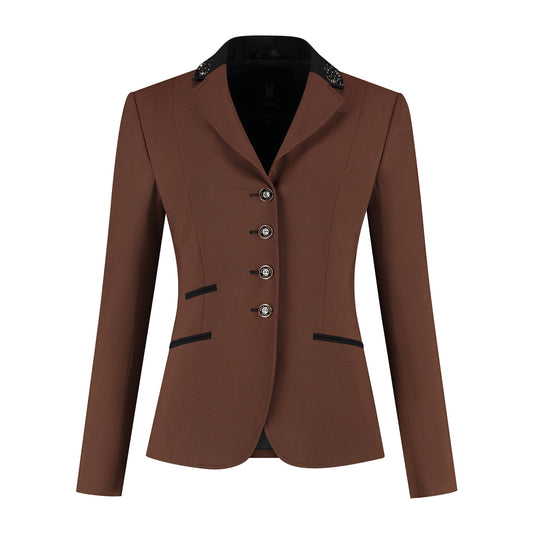 Front of brown JuulC Women's Competition Jacket in Golden Espresso with black accents and champagne Swarovski details