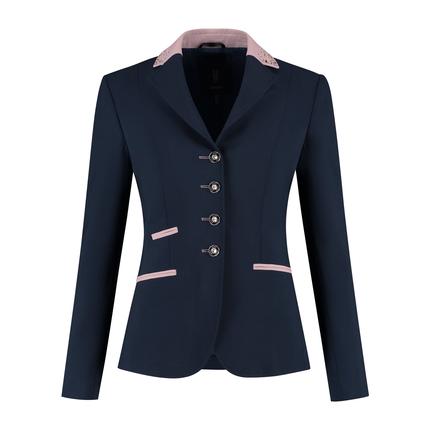 Front of dark blue JuulC Women's Show Coat in Midnight Powder with soft pink accents and silver/rose gold Swarovski crystals