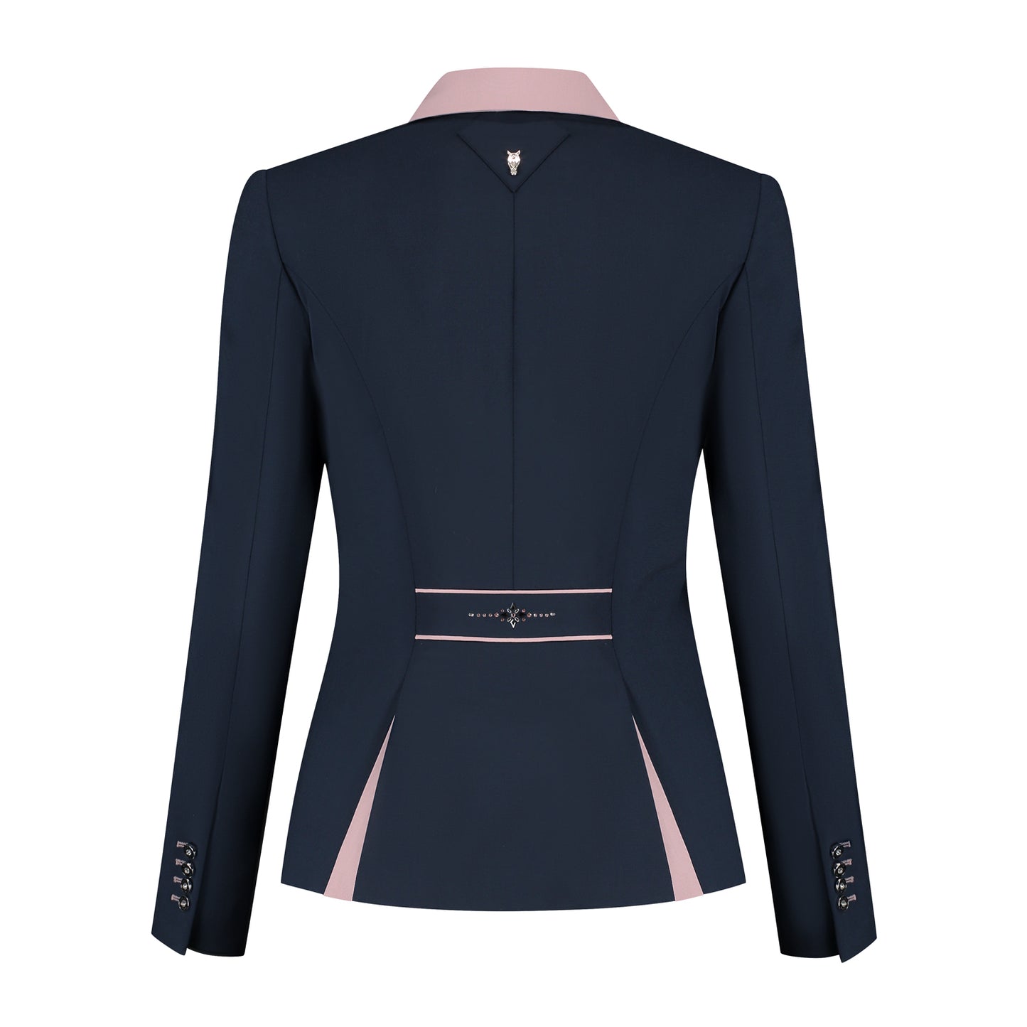Back of dark blue JuulC Women's competition jacket in Midnight Powder with pink details and silver/rosegold Swarovski design on the back strap