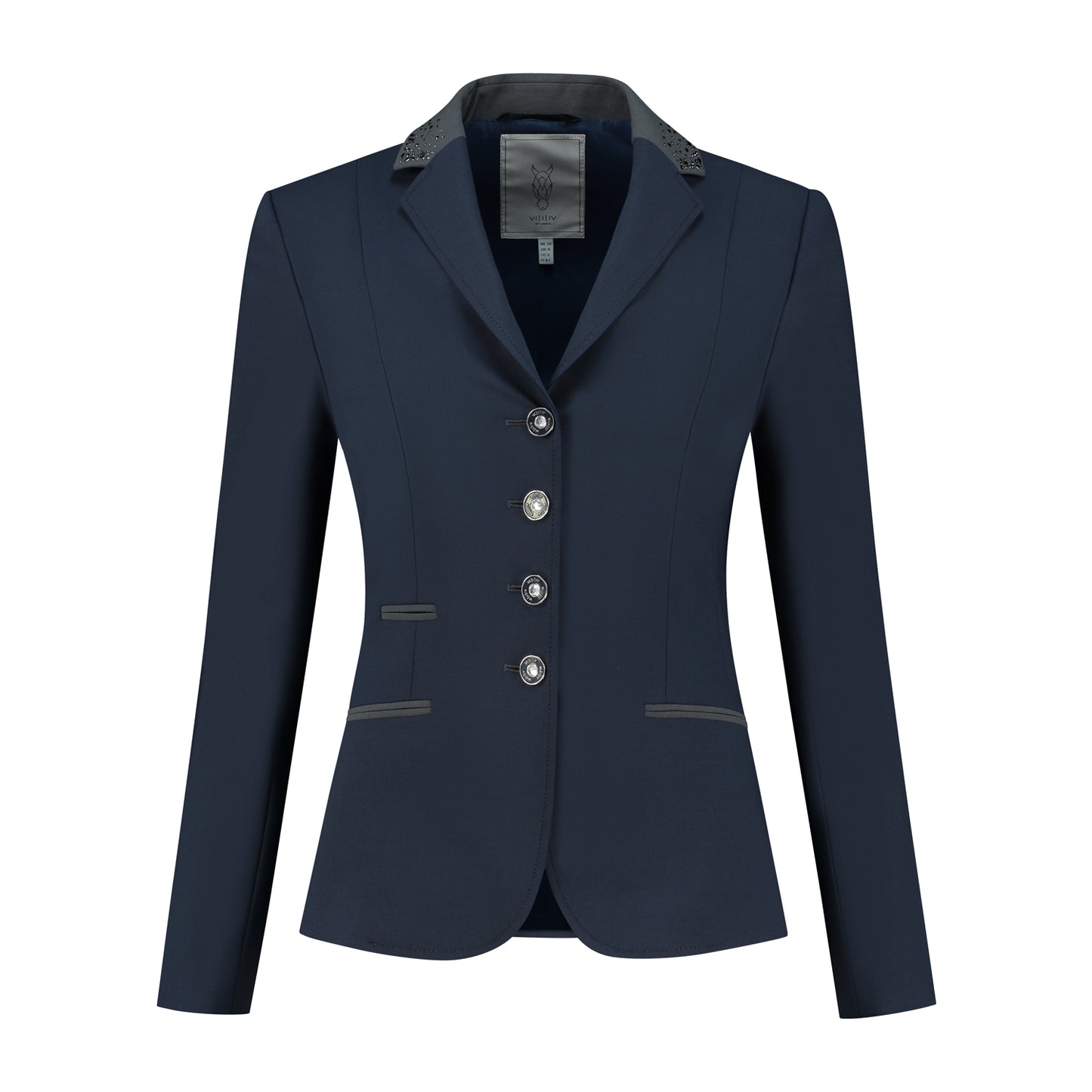 Front of navy JuulC Women's Show Coat with anthracite grey accents and Swarovski crystals