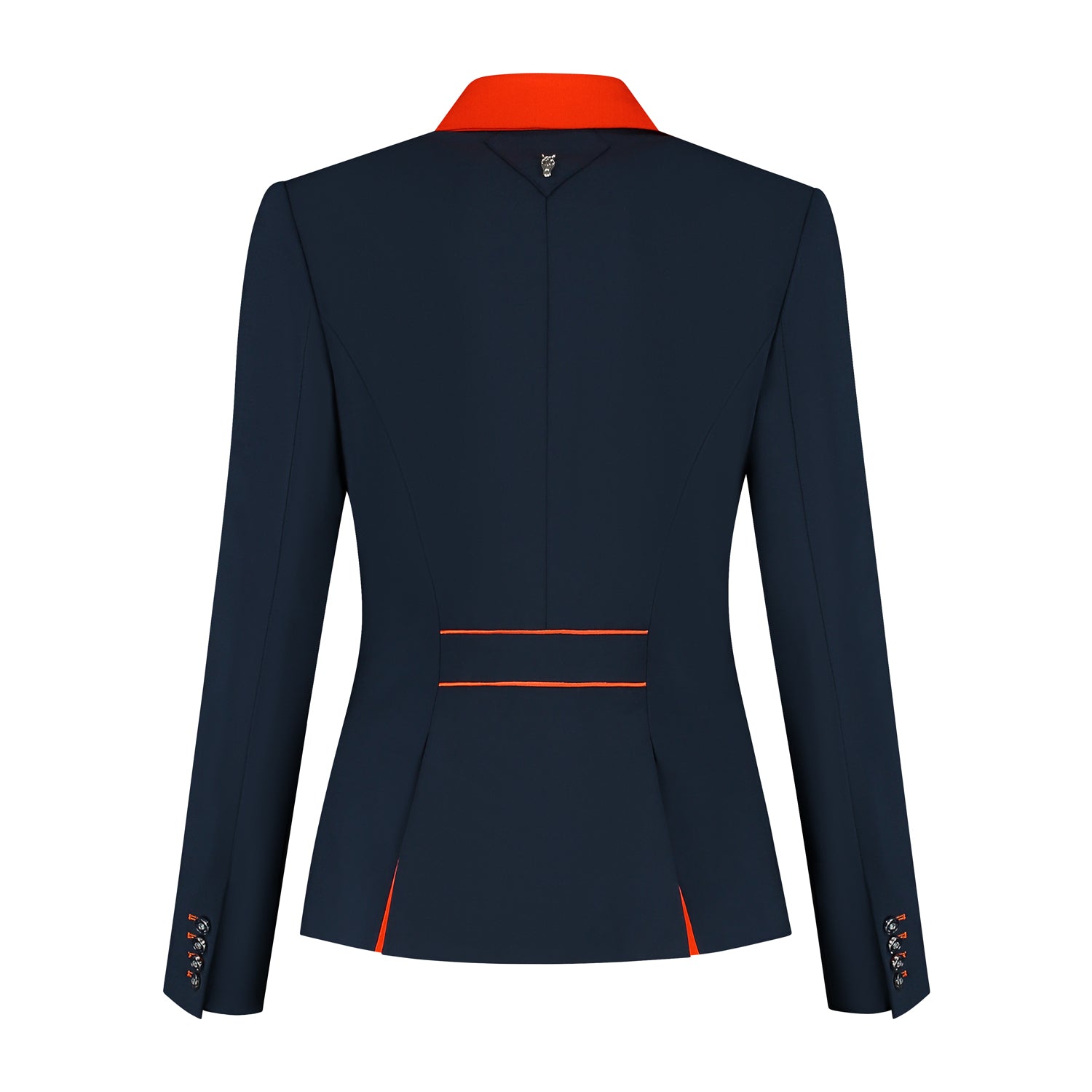 Back of dark blue JuulC Ladies' show coat with orange accents and Swarovski design on the back strap