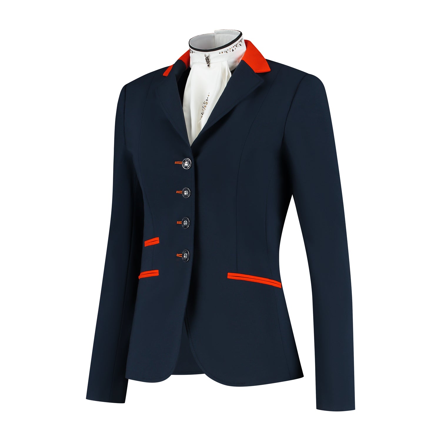 Side of JuulC Ladies' Show Jacket in Navy Orange with contrasting accents and details