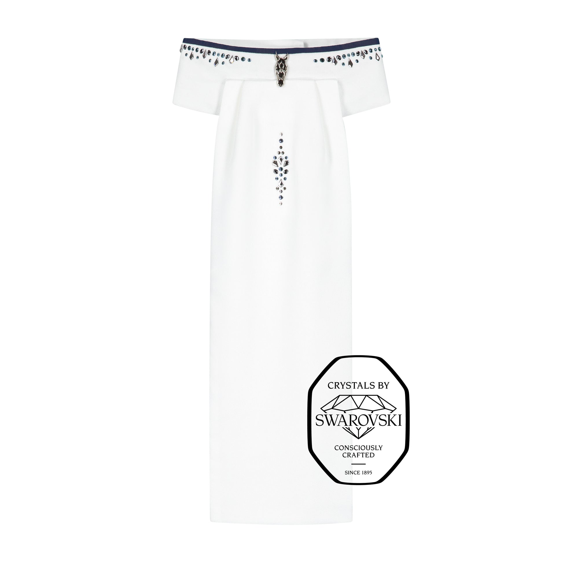JuulC' Stock-Tie Ocean Silver with navy trim, signature horse head-logo and silver/light blue Swarovski design on the front and along the neck 