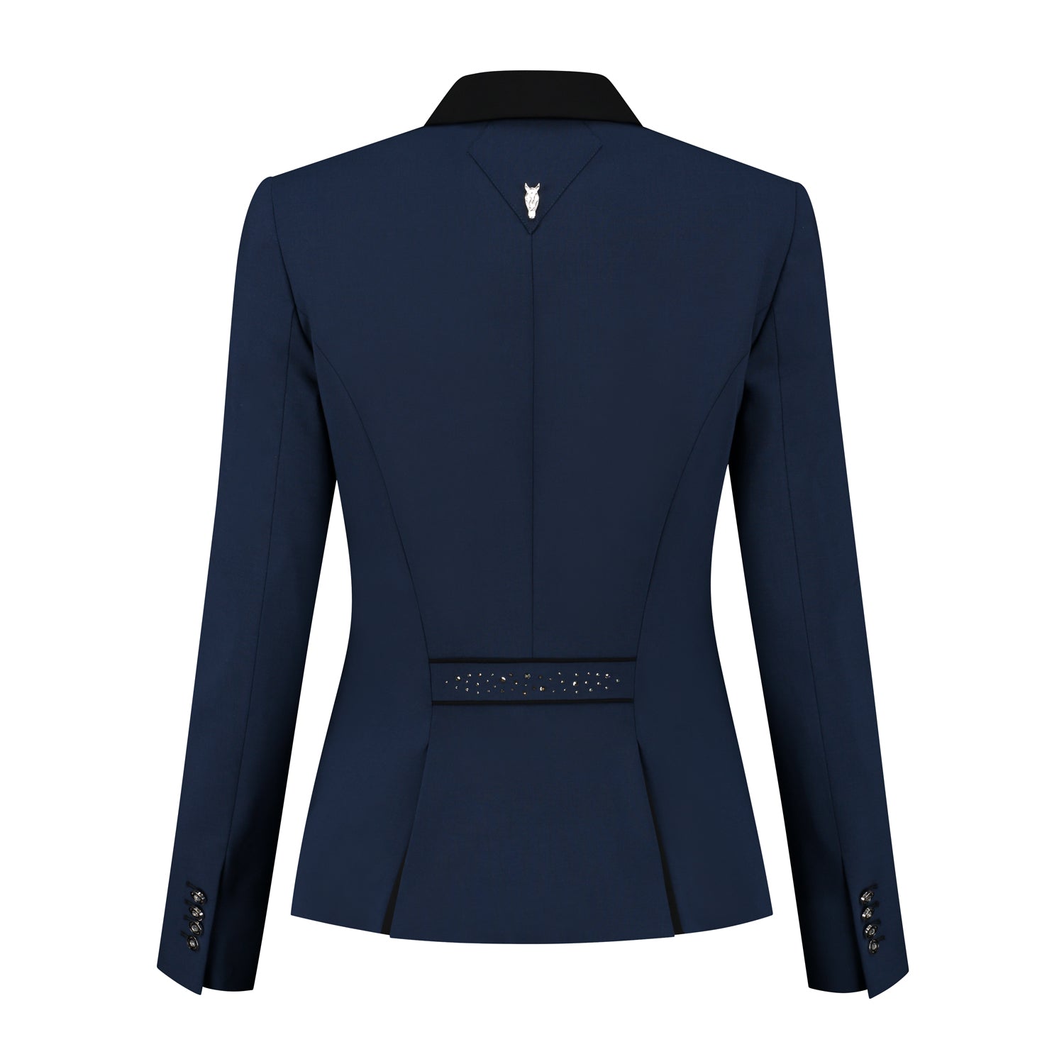 Back of navy JuulC Ladies' show coat I Royal Blue with black contrasts and Swarovski design on the back strap