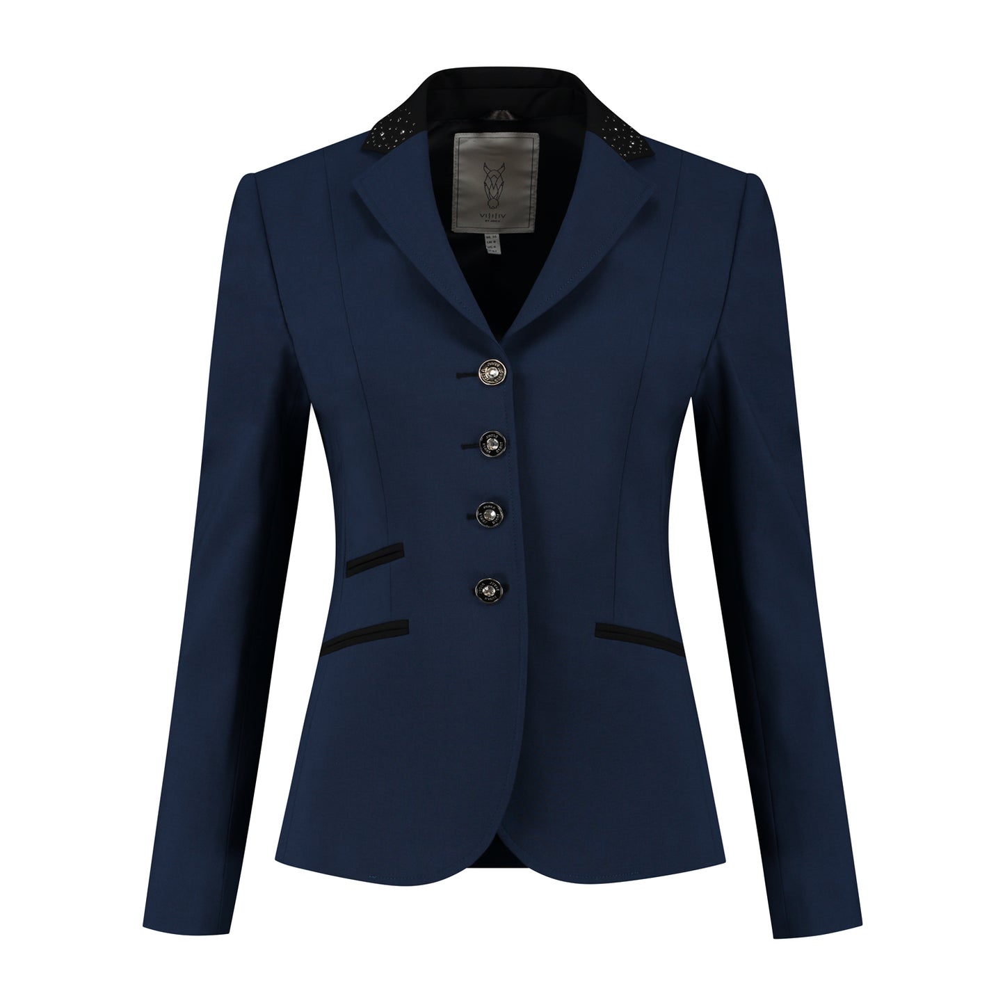 Front of dark blue JuulC Women's Competition Jacket with black accents and Swarovski crystals