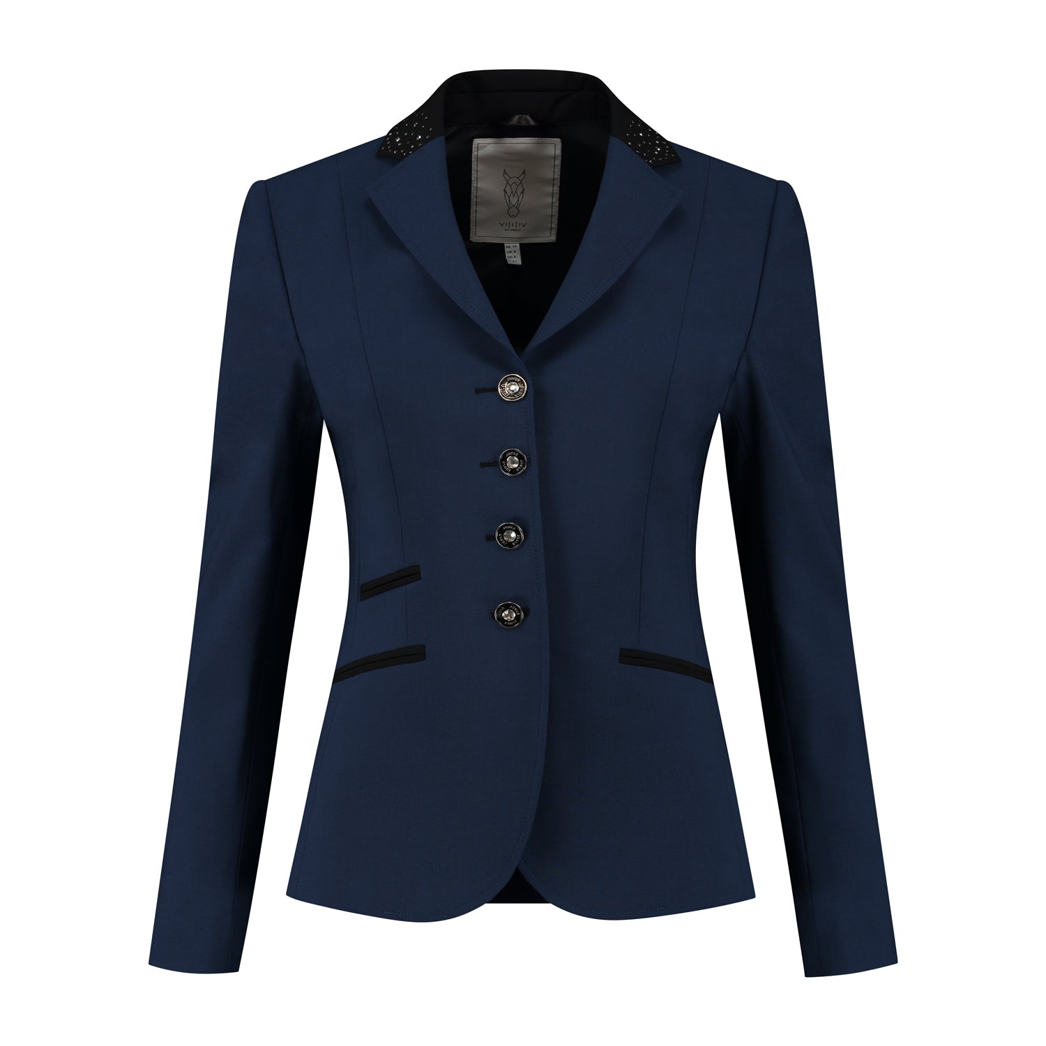 Front of dark blue JuulC Women's Competition Jacket with black accents and Swarovski crystals