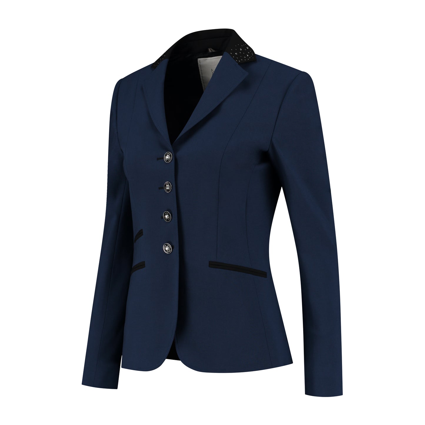 Side of JuulC Ladies' Show Coat in Royal Blue with black contrasting accents and Swarovski details